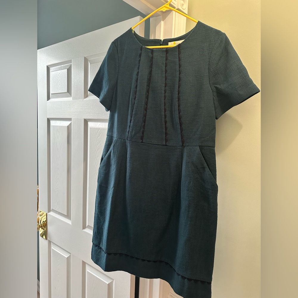 Boden Green Dress with Navy Ric Rac Detail and POCKETS!